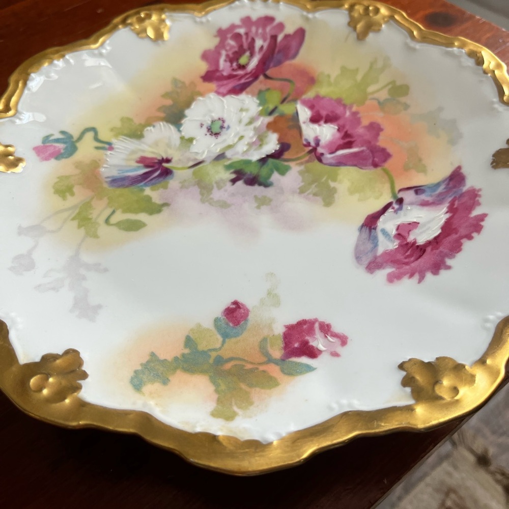 Limoges antique round platter with Gold Trim with (3) matching small plates